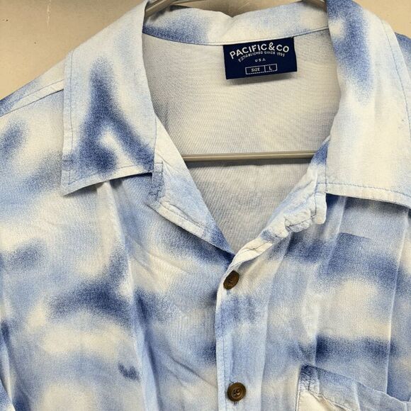 Pacific & Co Hawaiian Shirt Mens Large Blue Boats Floral Palm Trees Skyline - Picture 3 of 6